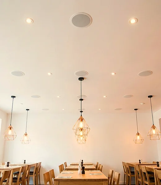Restaurante com caixas de som embutidas no forro branco